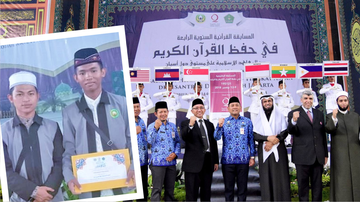 Dodi didampingan Pengurus MDQ Ustadz Khozairi (Foto insert). Foto pembukaan MHQ se Asean di PP Darun Najah Jakarta (foto: darunnajah.com). 